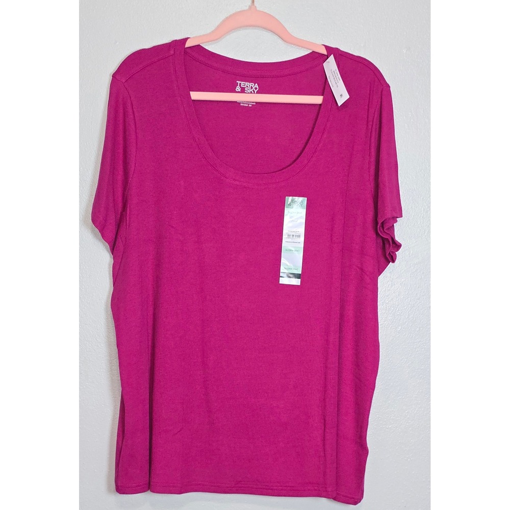 Terra & Sky 3X 24W-26W Pink Short Sleeve Scoop Neck Ribbed Knit T-Shirt NWT